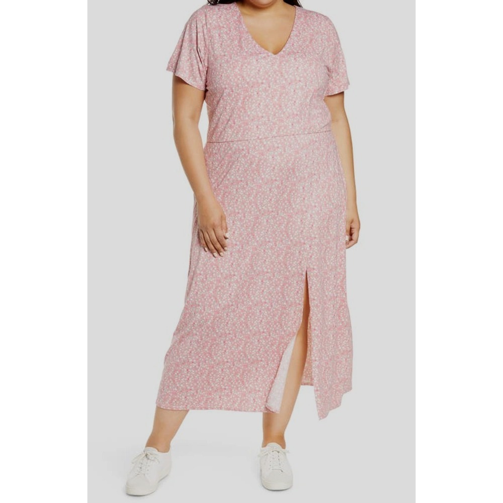 New WAYF X Bff Alexa Midi Dress Pink Cherise Ditsy Floral Jersey Women's 1X V-Ne